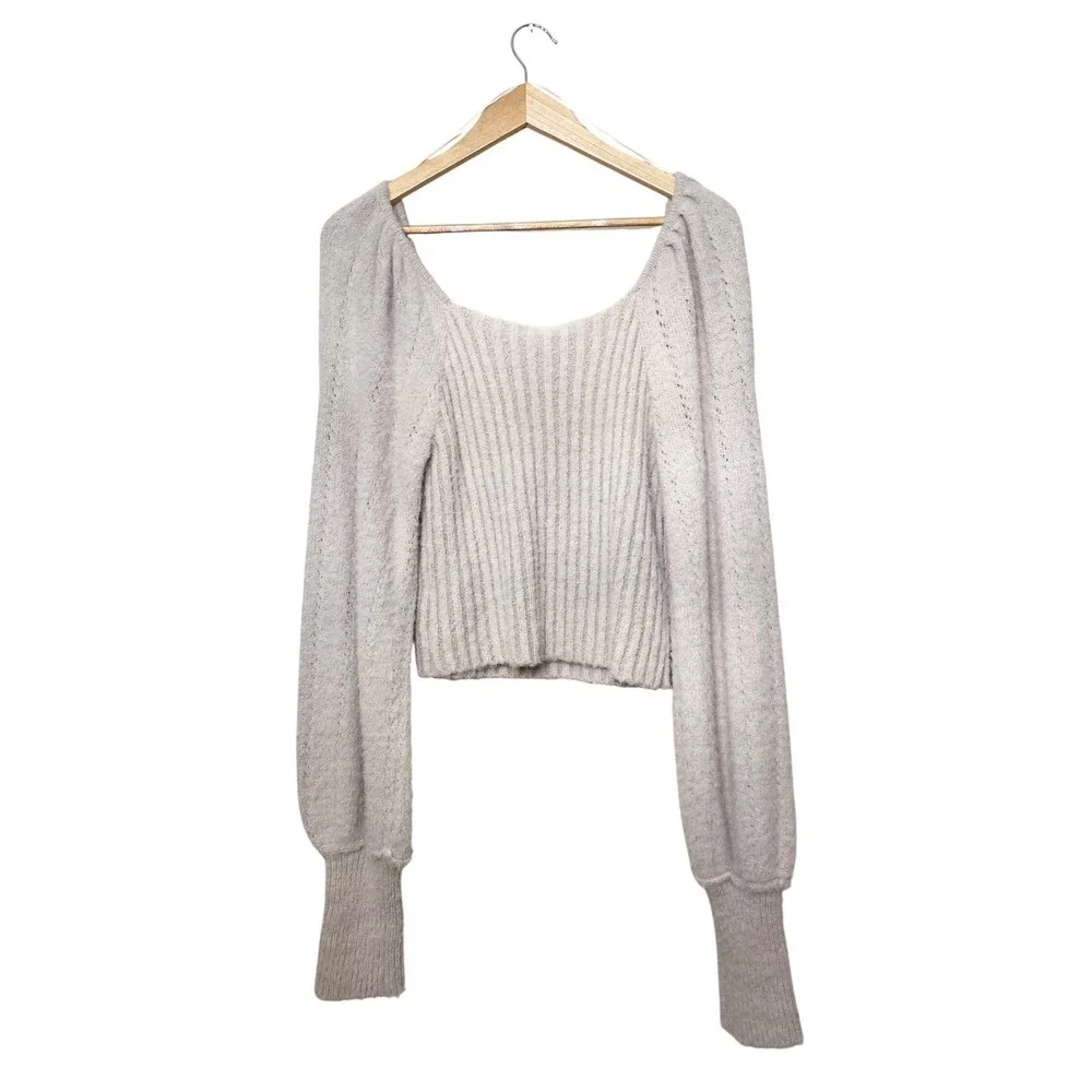 Free People Ribbed Square Neck Puff Sleeve Crop Sweater Oatmeal‎ Medium